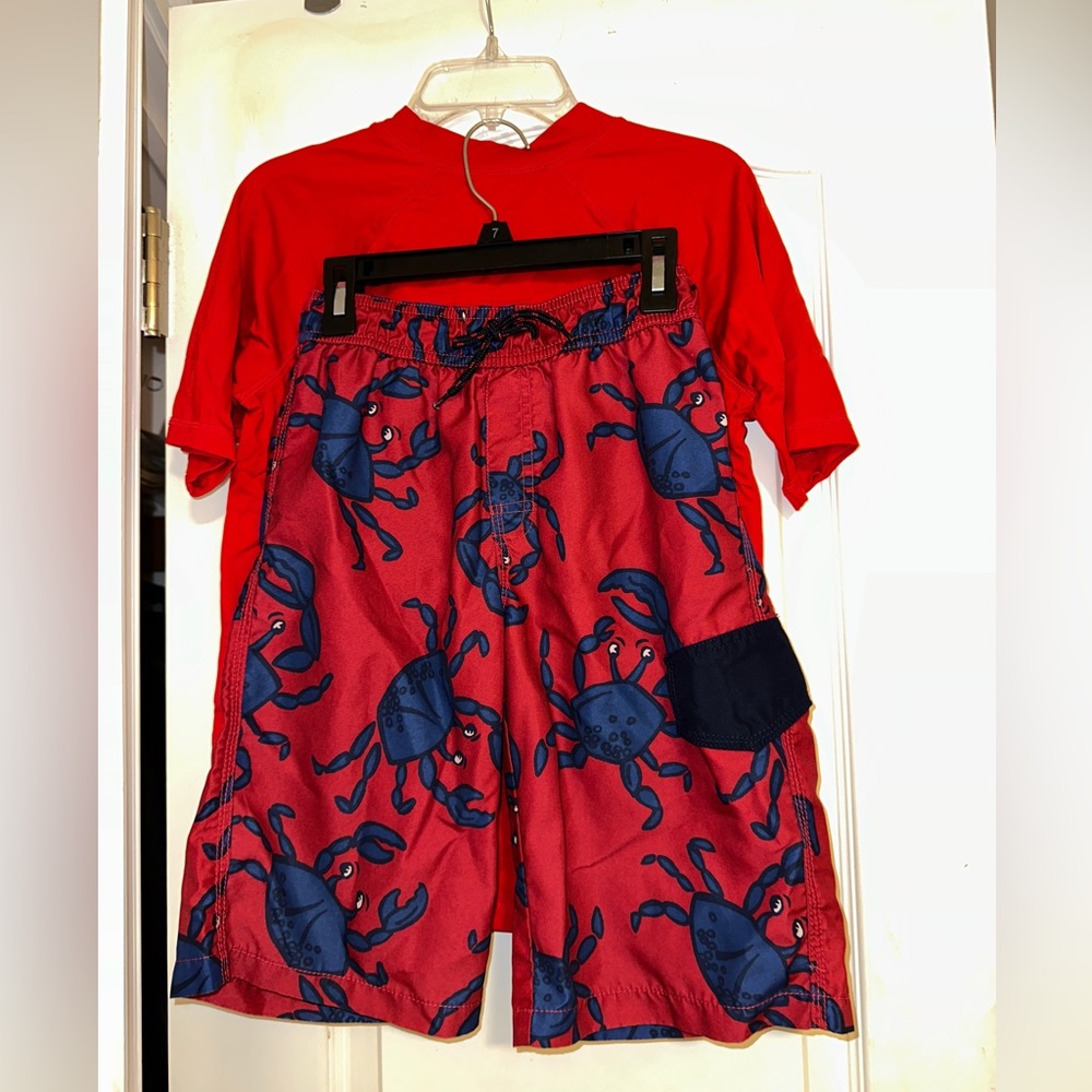 Boy’s Swim Trunks & Shirt, Size L, (10/12), Red & Blue colors, Crazy 8 & J Khaki